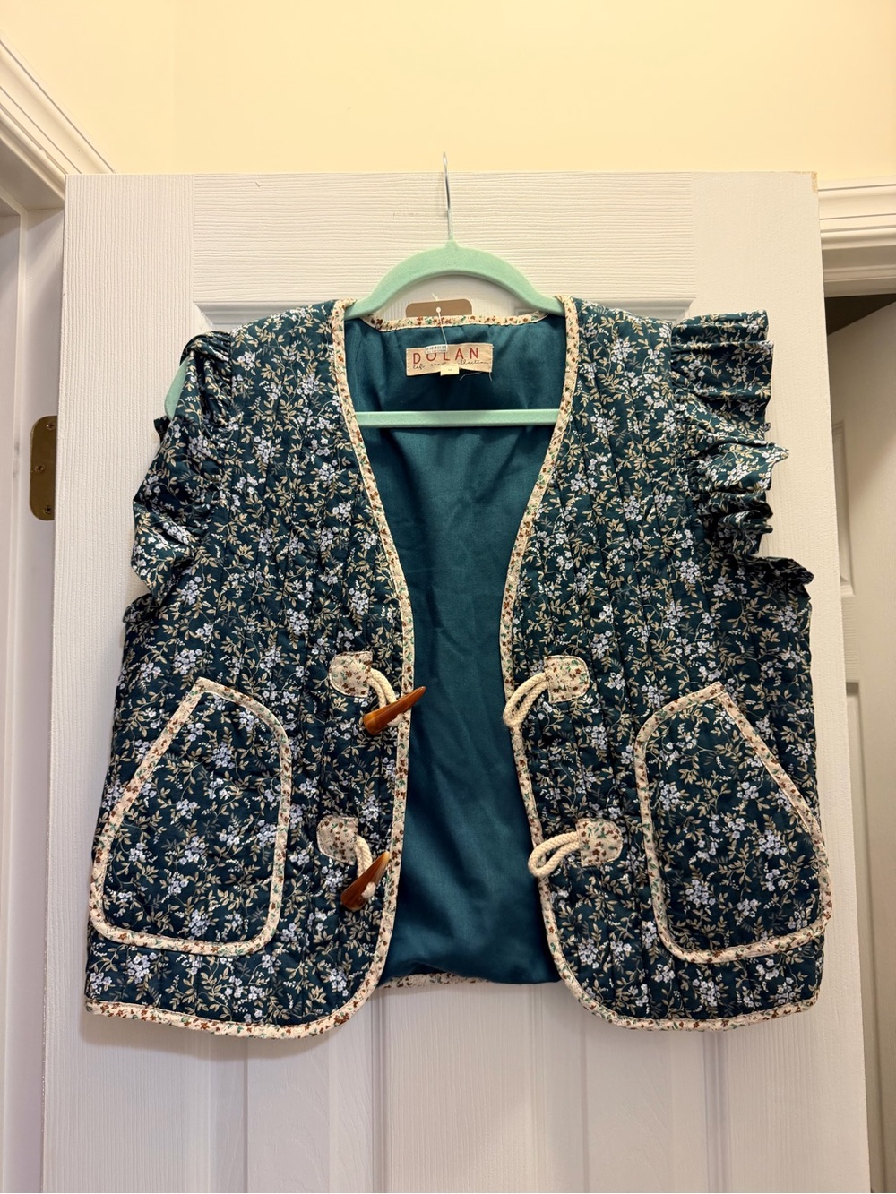dolan Teal Floral Quilted Vest with Toggle Closures